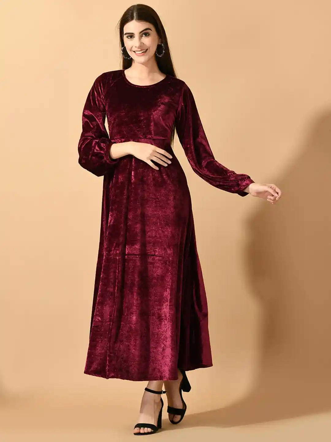 Sangria Maroon Self Designed Puff Sleeves Fit Flared Midi Velvet Dress