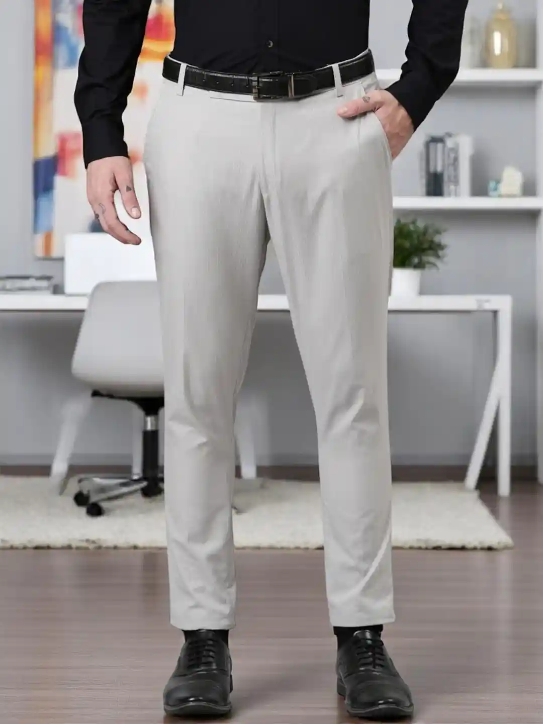 Kryptic Men Smart Mid Rise Tapered Fit Cropped Formal Trousers