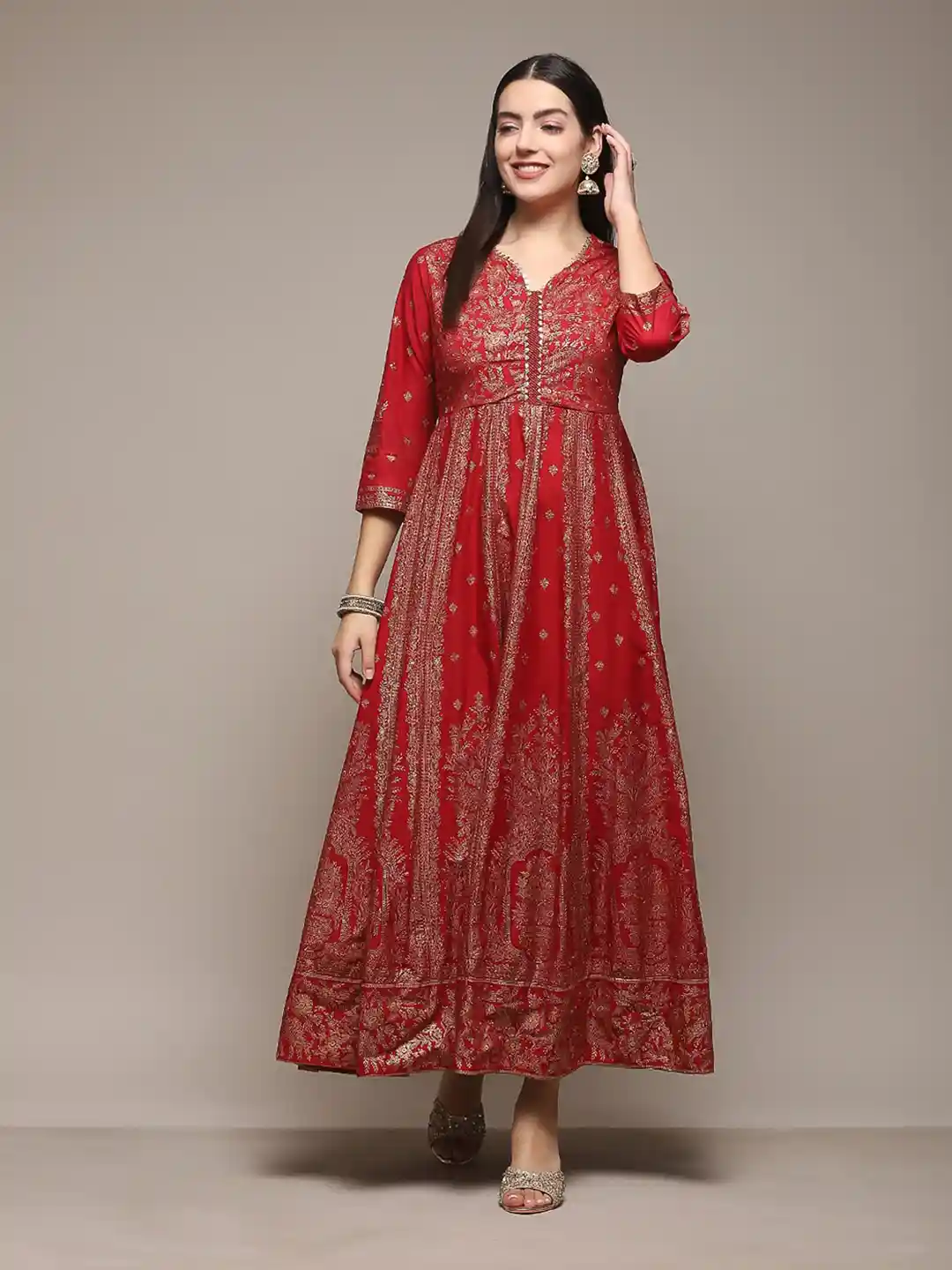 Buy Biba Ethnic Motifs Printed V-Neck Sequinned Detailed Fit