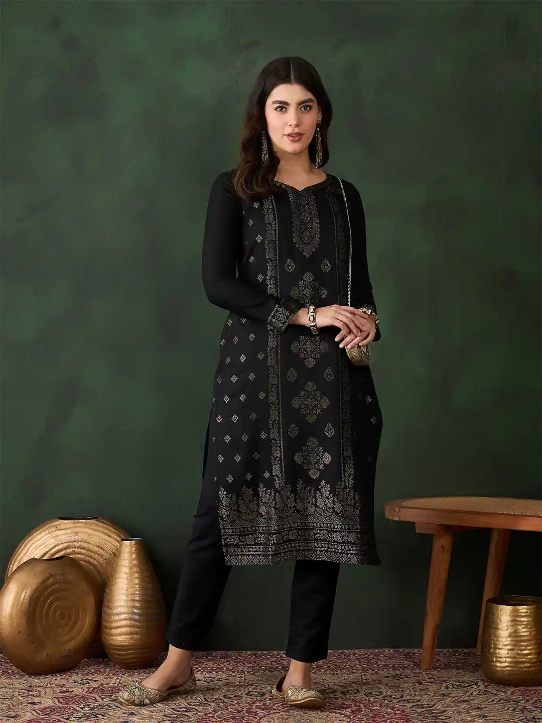 Buy Sangria Black Ethnic Motifs Woven Design Winter Pashmina Kurta