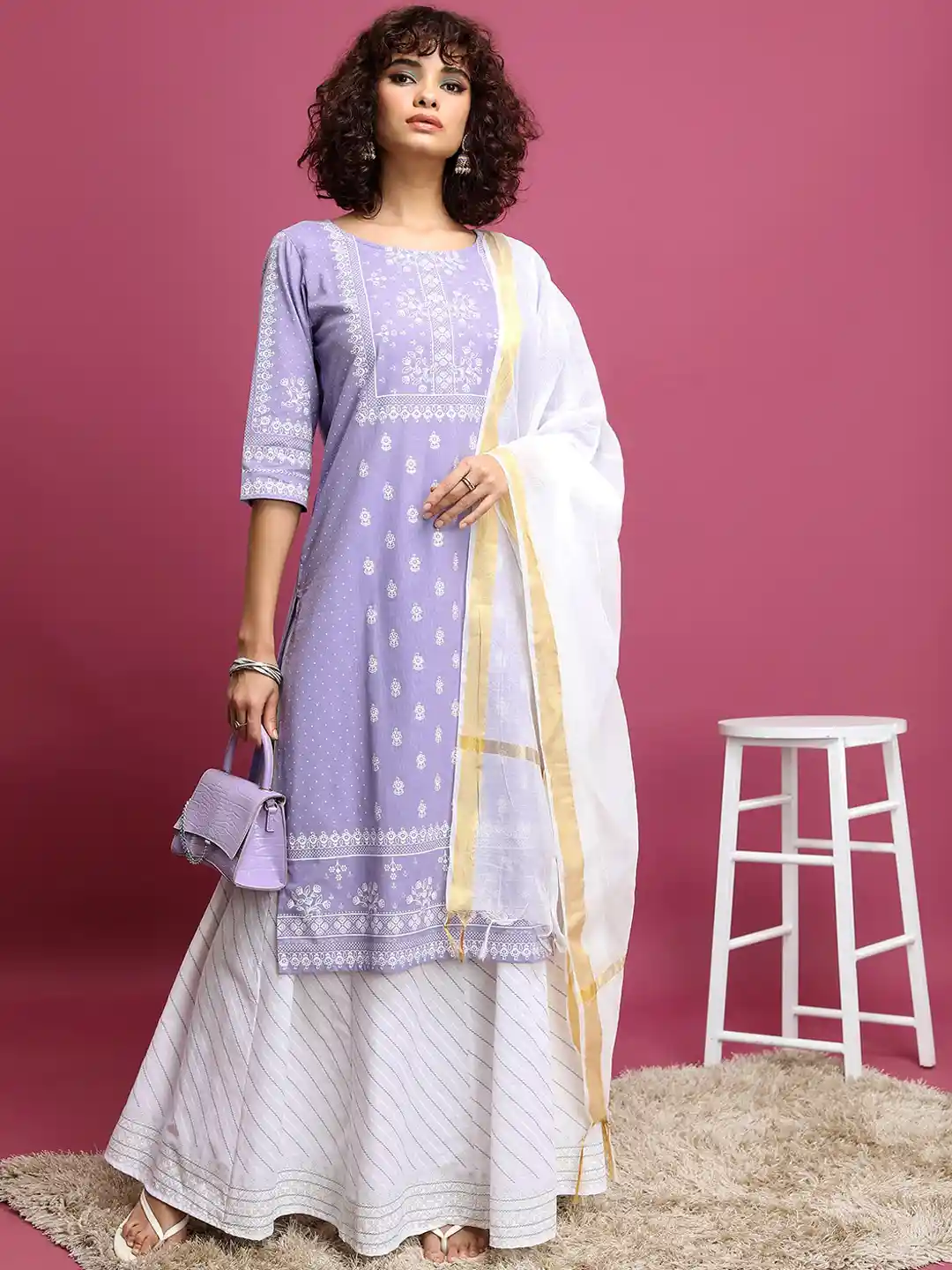 Buy Vishudh Mauve Ethnic Motifs Printed Round Neck Pure Cotton
