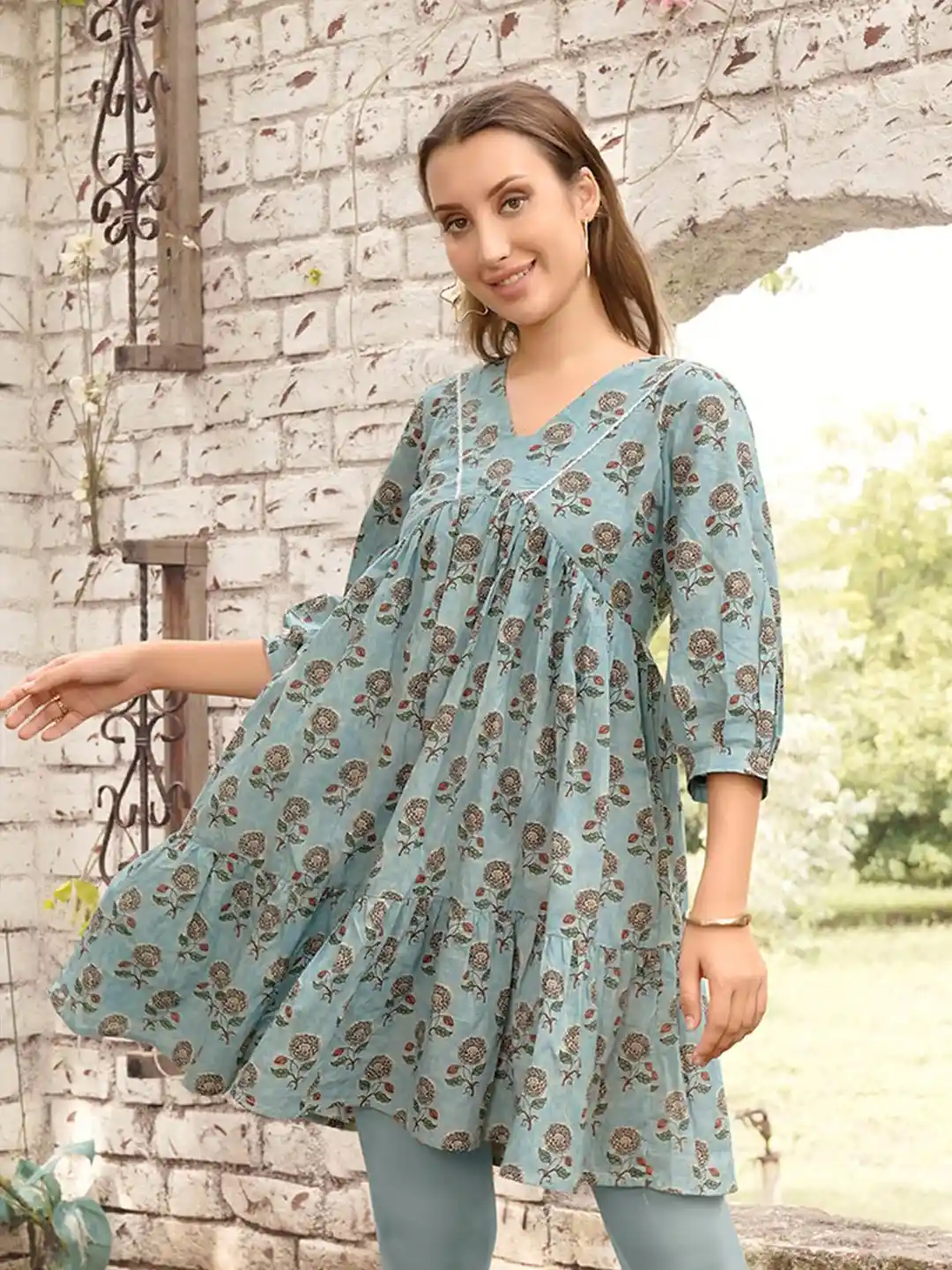 Buy Anouk Grey Floral Printed Pure Cotton Anarkali Short Kurti