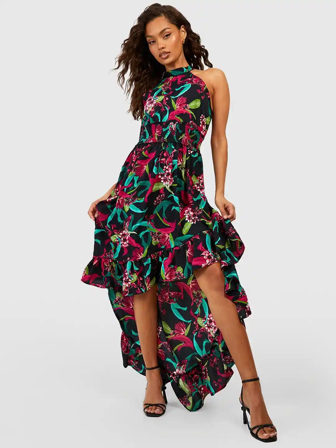 Boohoo Shirred Floral Print Ruffled High-Low Hem A-Line Maxi Dress