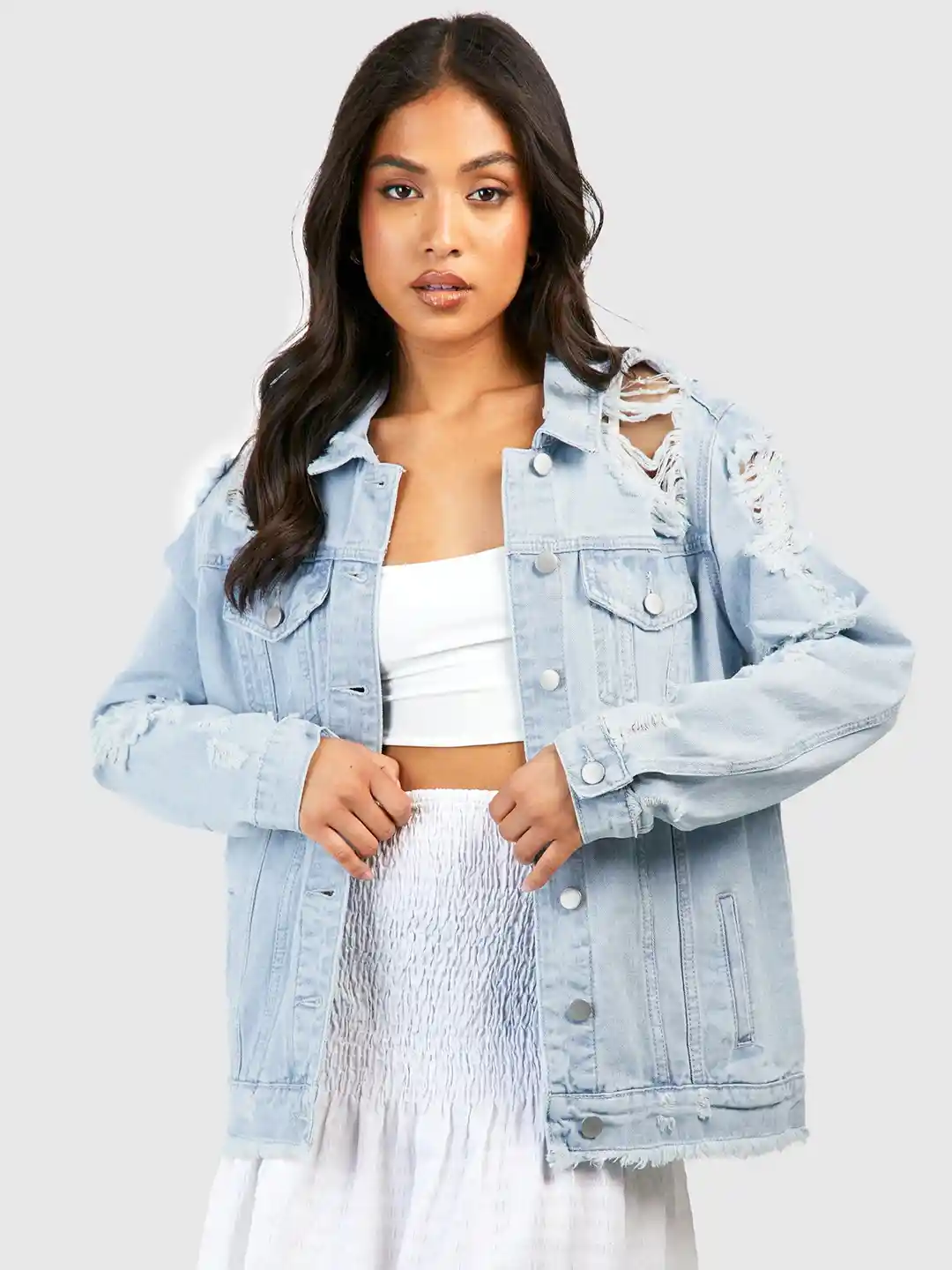 Boohoo Petite Distressed Oversized Denim Jacket - Main Image