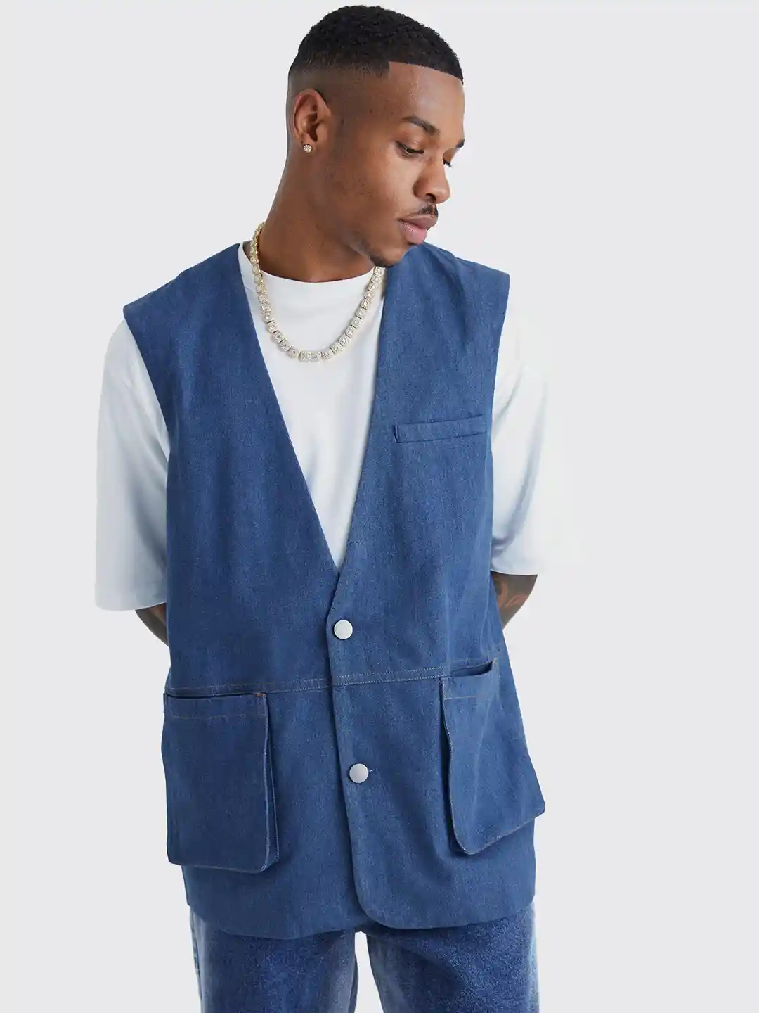 Buy boohooMAN Oversized Pure Cotton Denim Waistcoat With Pockets