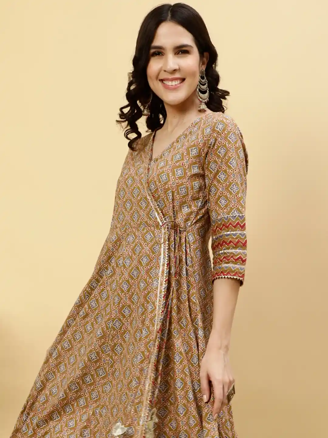 Jaipur Kurti Ethnic Motifs Printed Gotta Patti Angrakha Anarkali Cotton  Kurta