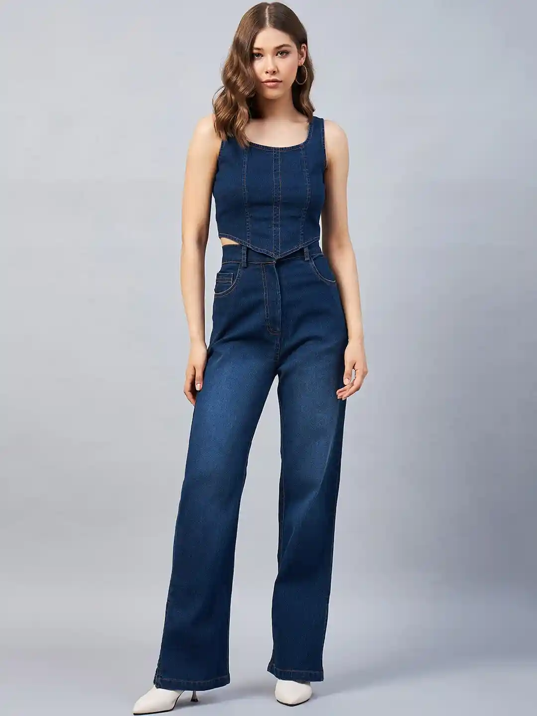 Buy Chemistry Shoulder Strap Denim Top With Slit Flared Jeans Co