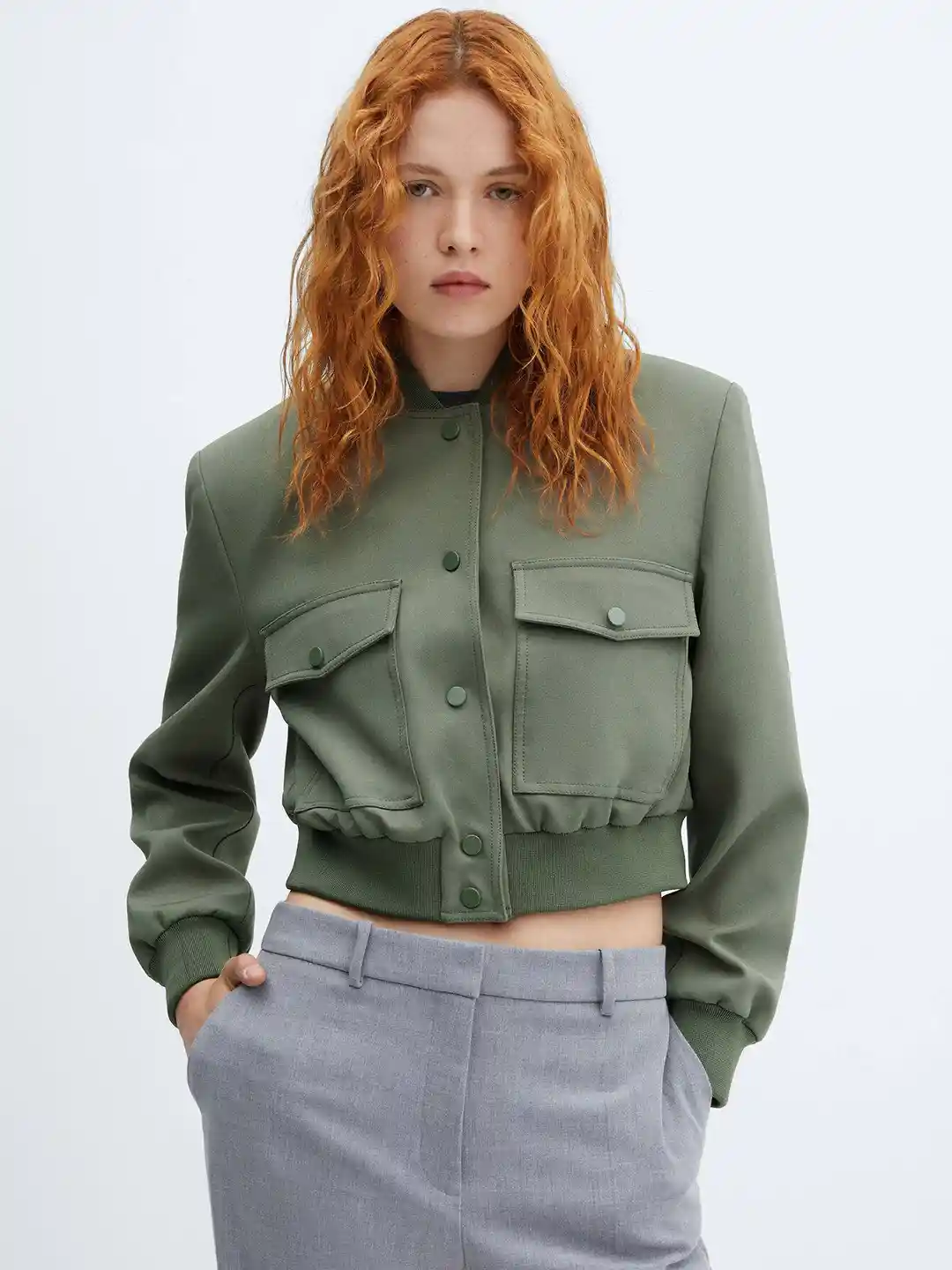 Buy MANGO Shoulder Pads Detailed Crop Bomber Jacket Jackets for - Main Image