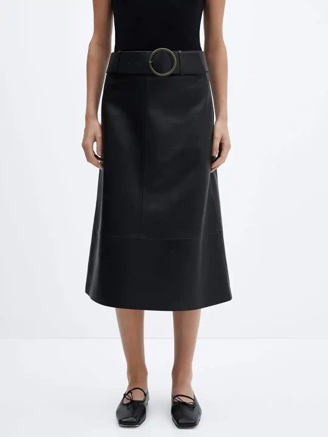 Buy MANGO Solid A-Line Midi Faux Leather Skirt with Belt