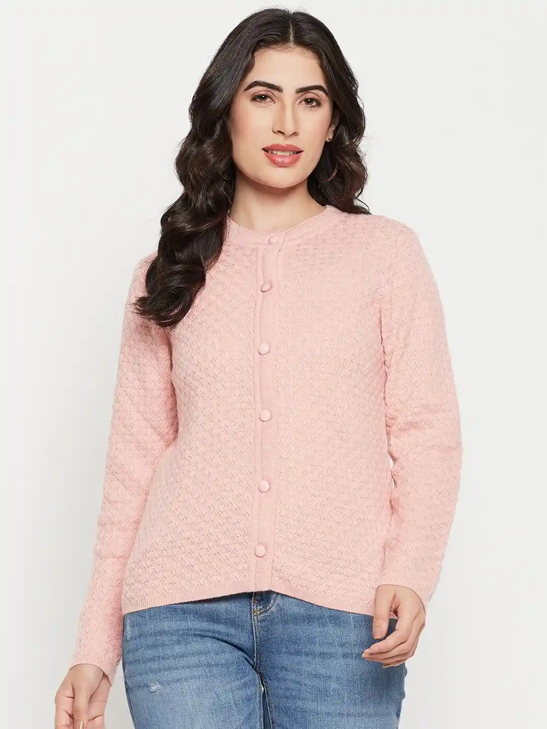 Madame Self Design Round Neck Long Sleeve Acrylic Cable Knit Cardigan