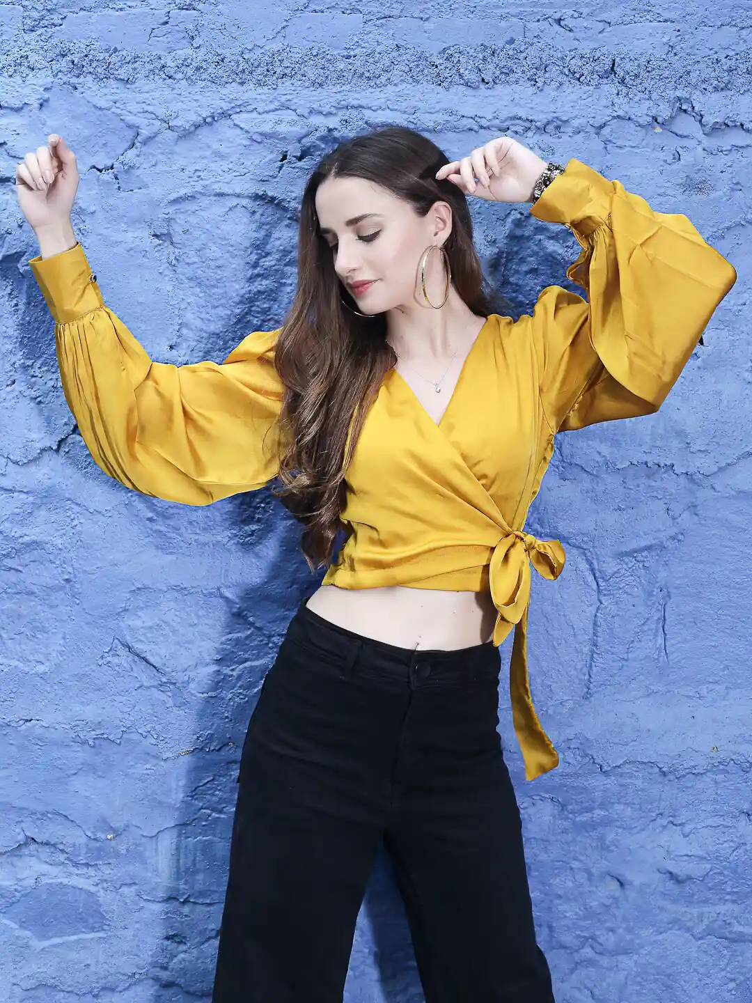 Sera Yellow Long Sleeves Wrap Crop Top