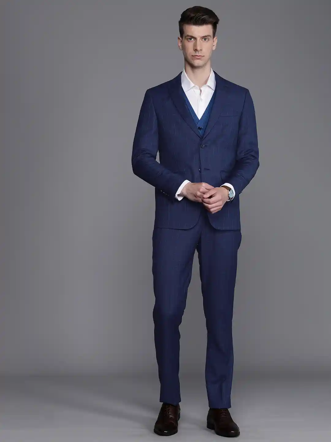 Buy Louis Philippe Checked Slim-Fit Single-Breasted Three-Piece