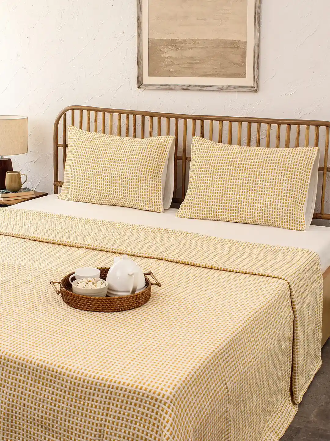Buy House This Yellow Woven Design Cotton 120 TC Double Queen Bed