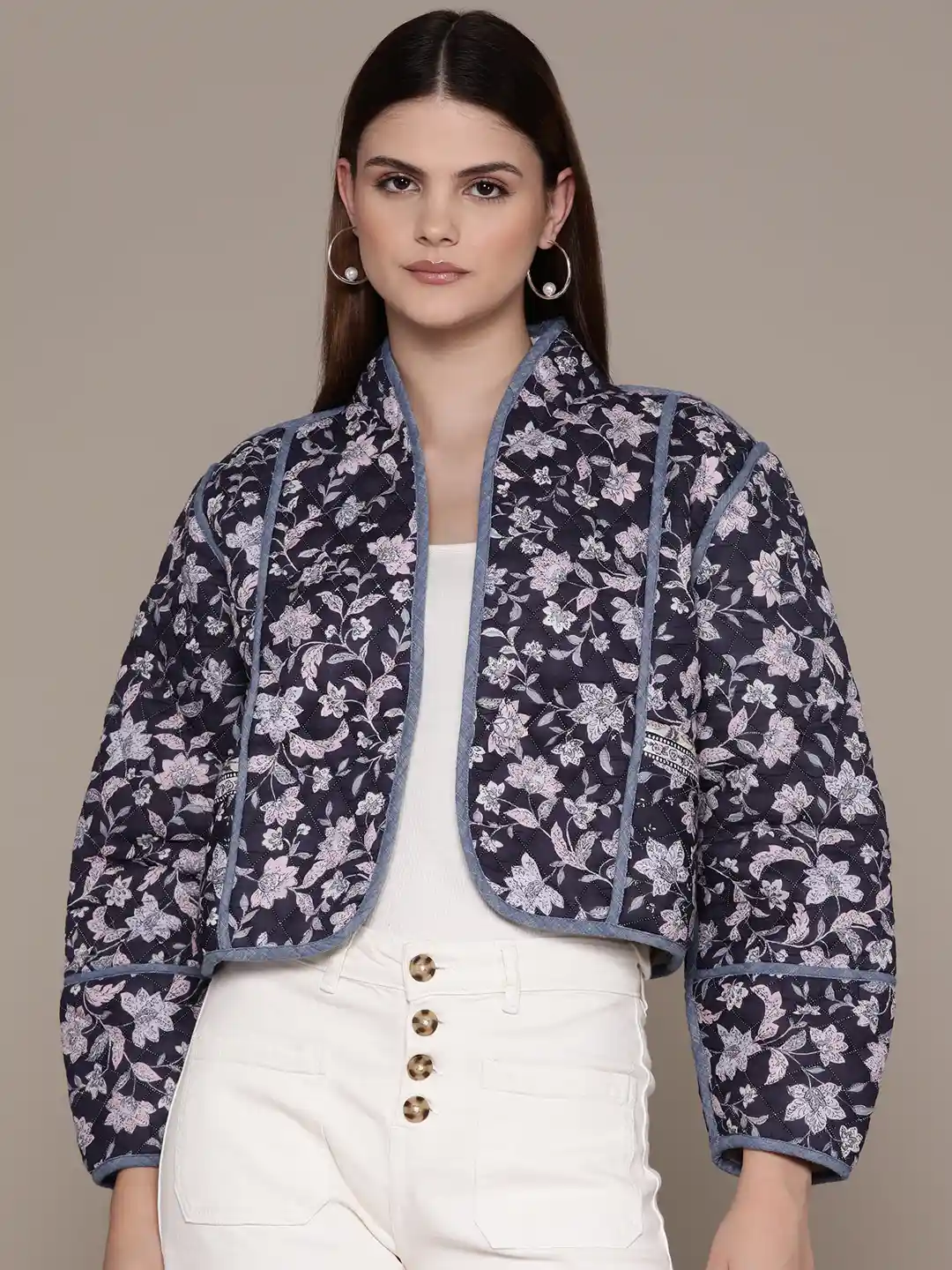 Navy Floral Jackets Womens MANGO Floral Print Cotton Quilted
