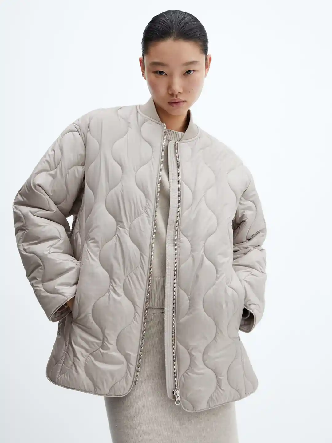 Collarless Jacket Ladies Khaki Quilted Jacket MANGO Women