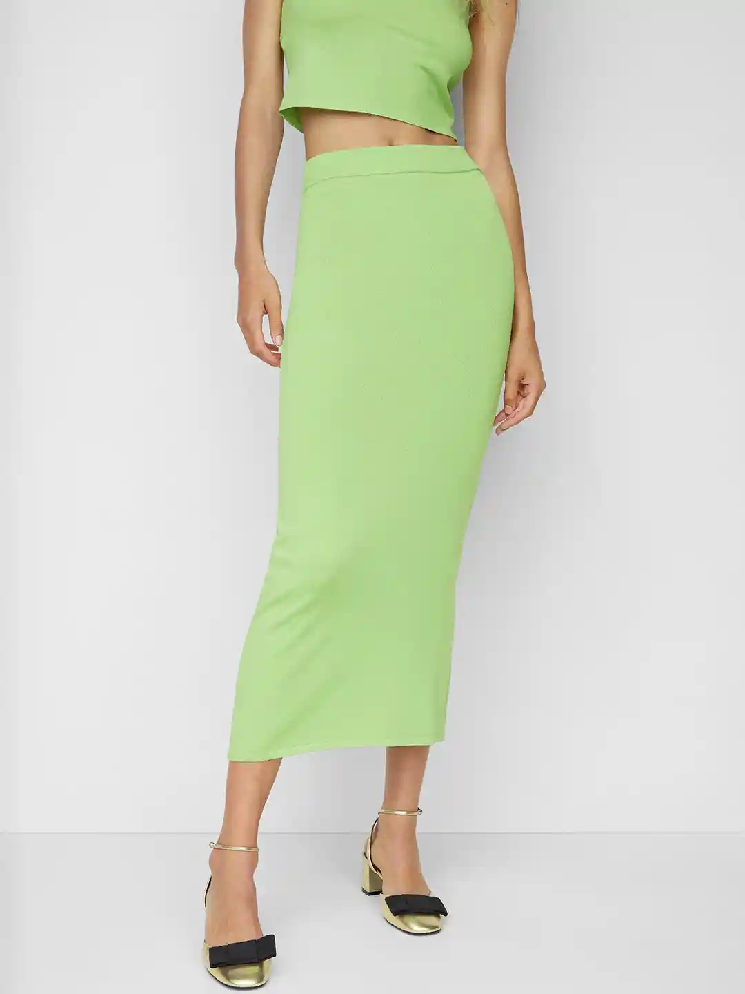Pencil Skirt Green Knit Midi Skirt Lime Green Rib Knit Midi Skirt