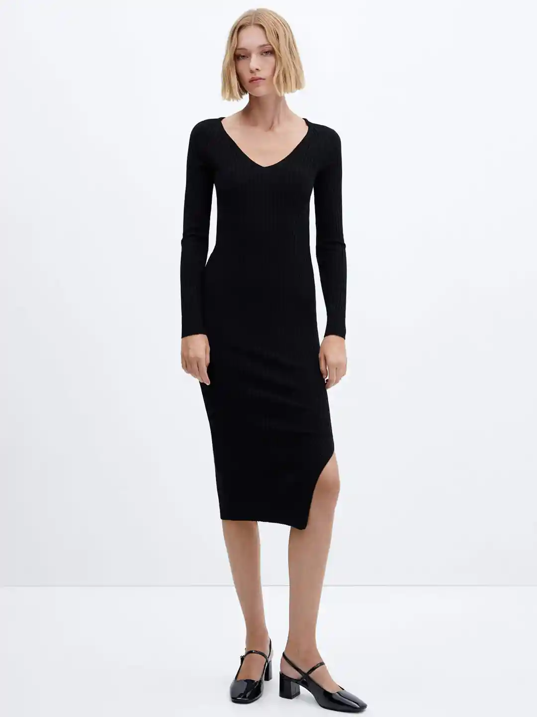 Buy MANGO Fine Knit Ribbed V-Neck Bodycon Midi Dress Dresses for