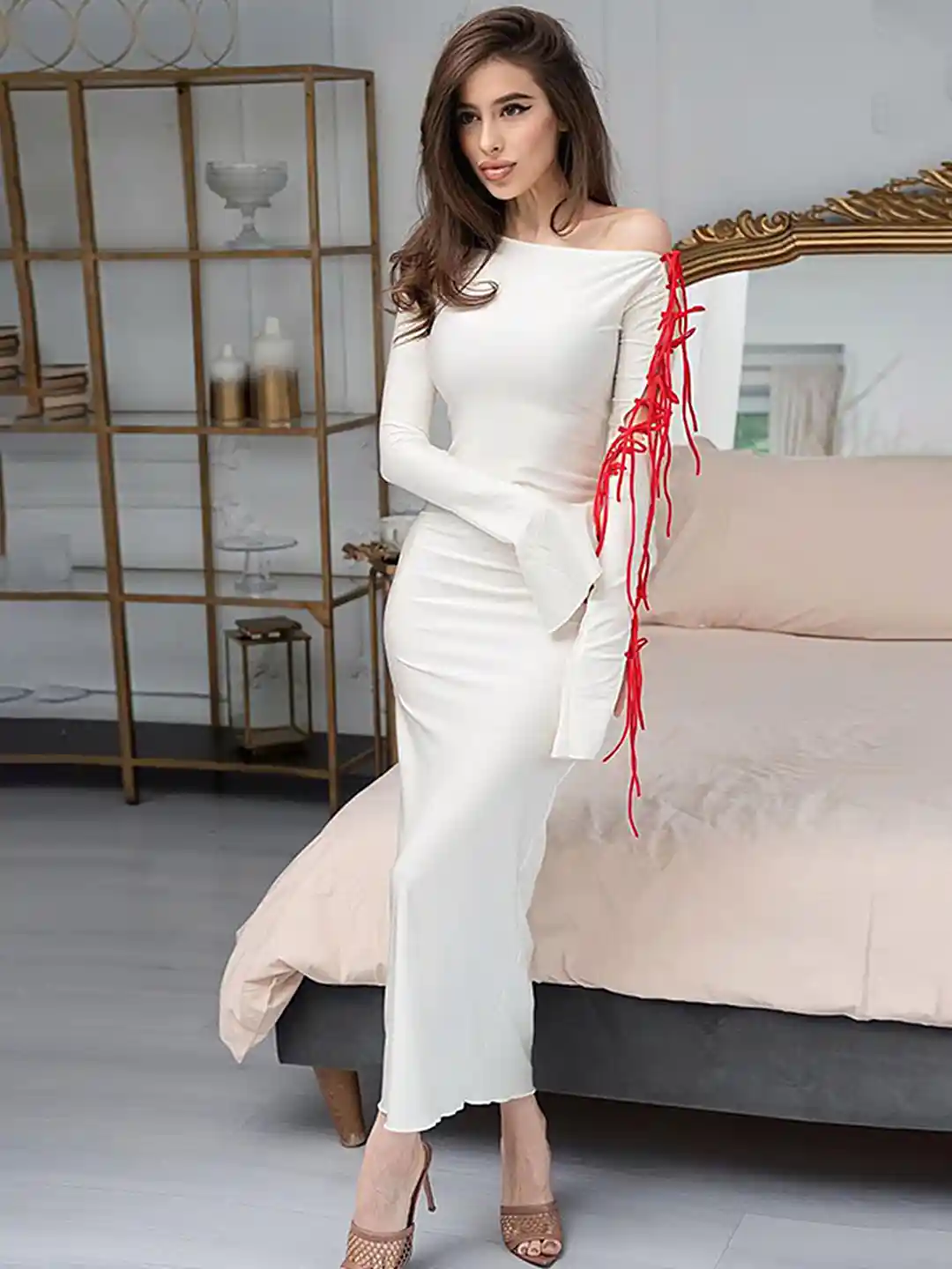 Buy LULU SKY One Shoulder Bell Sleeves Tie-Ups Bodycon Dress - Main Image