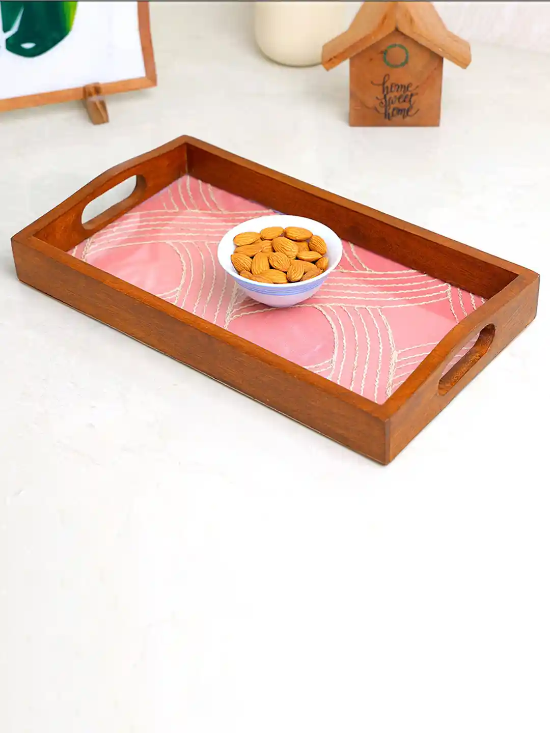 Buy POSH-N-PLUSH Pink Printed Wooden Tray Serving Tray for