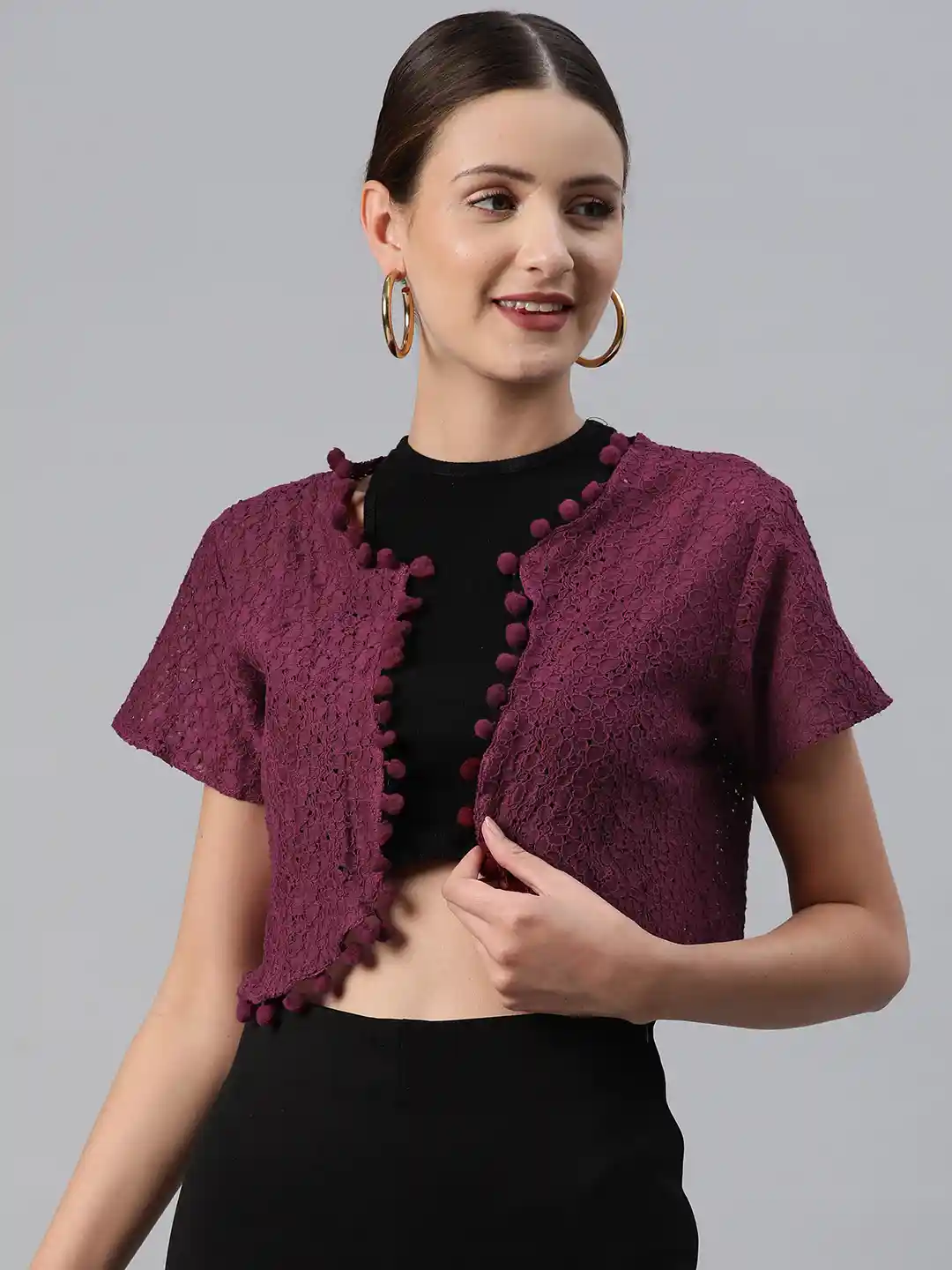 RIVI Self-Design Pure Cotton Front-Open Crop Shrug with Pom-Pom Detail