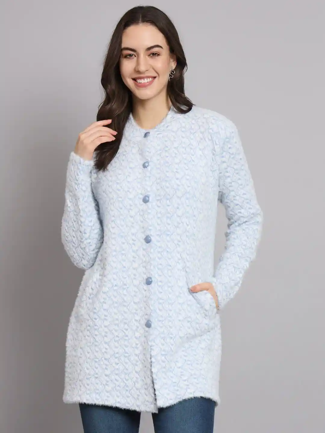 eWools Geometric Embroidered Band Collar Acrylic Wool Longline Cardigan  Sweater