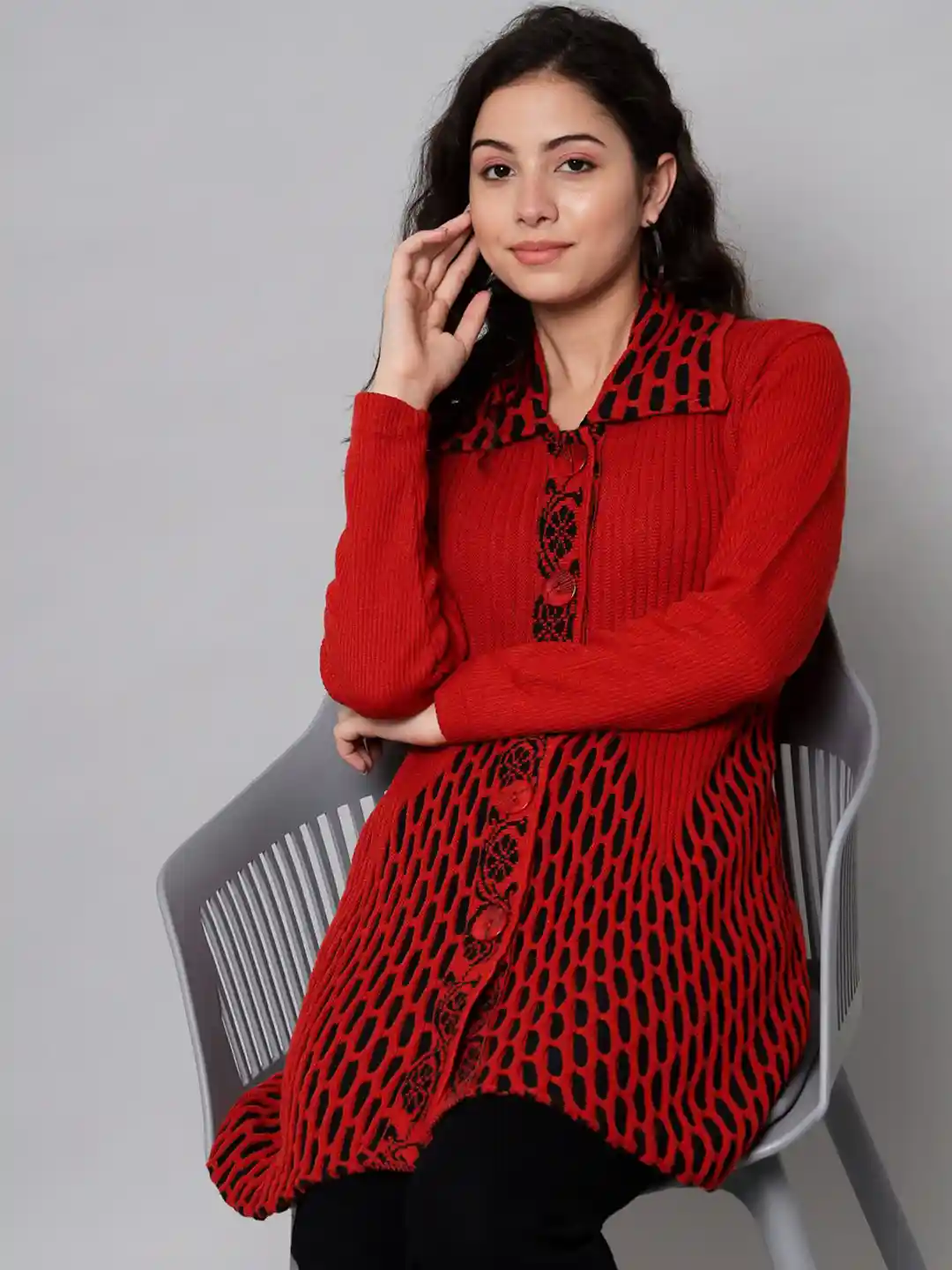 Buy eWools Geometric Self Design Longline Woolen Cardigan Sweater - Main Image