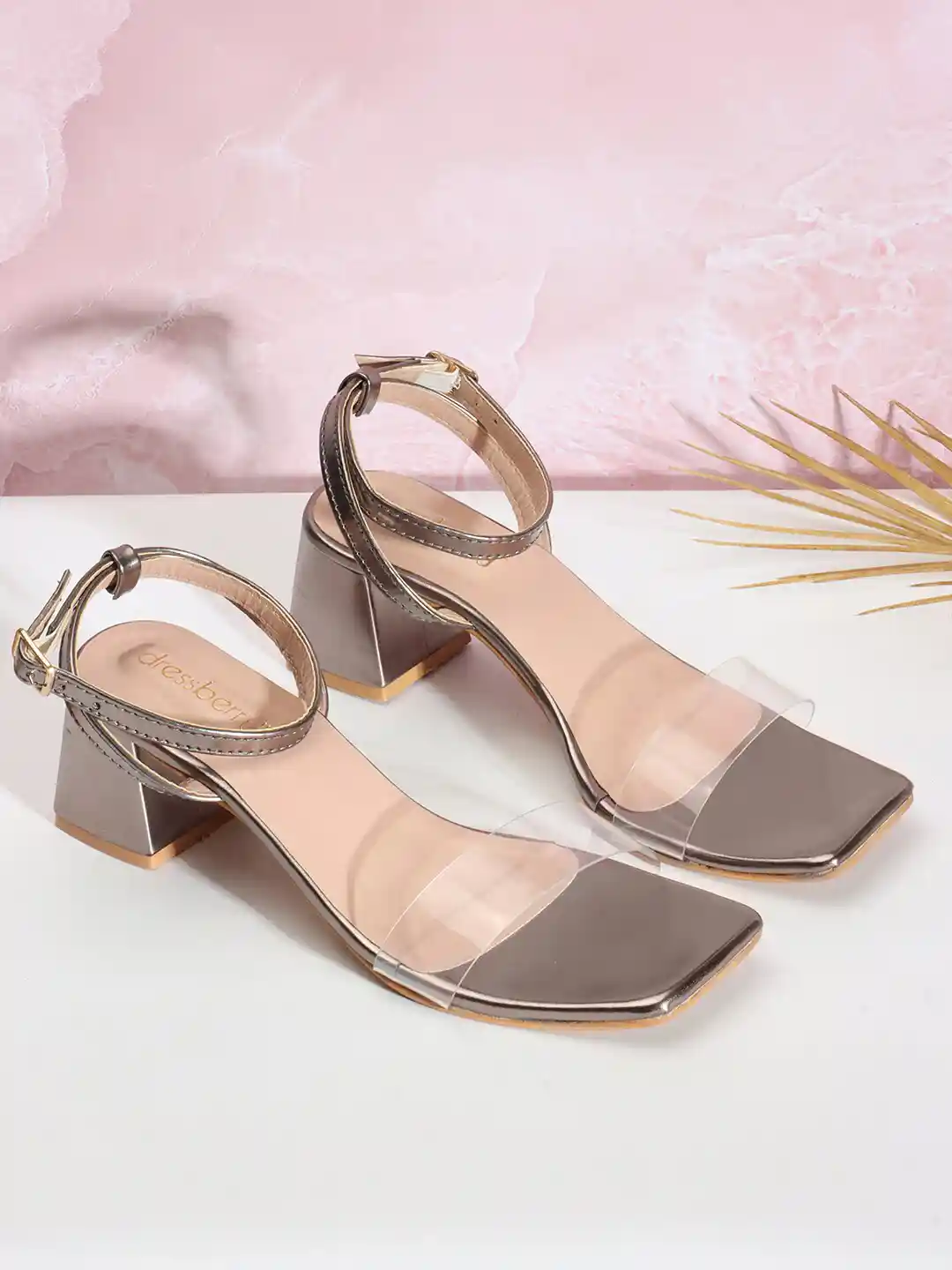 Buy DressBerry Grey Transparent Open Toe Block Heels With Ankle