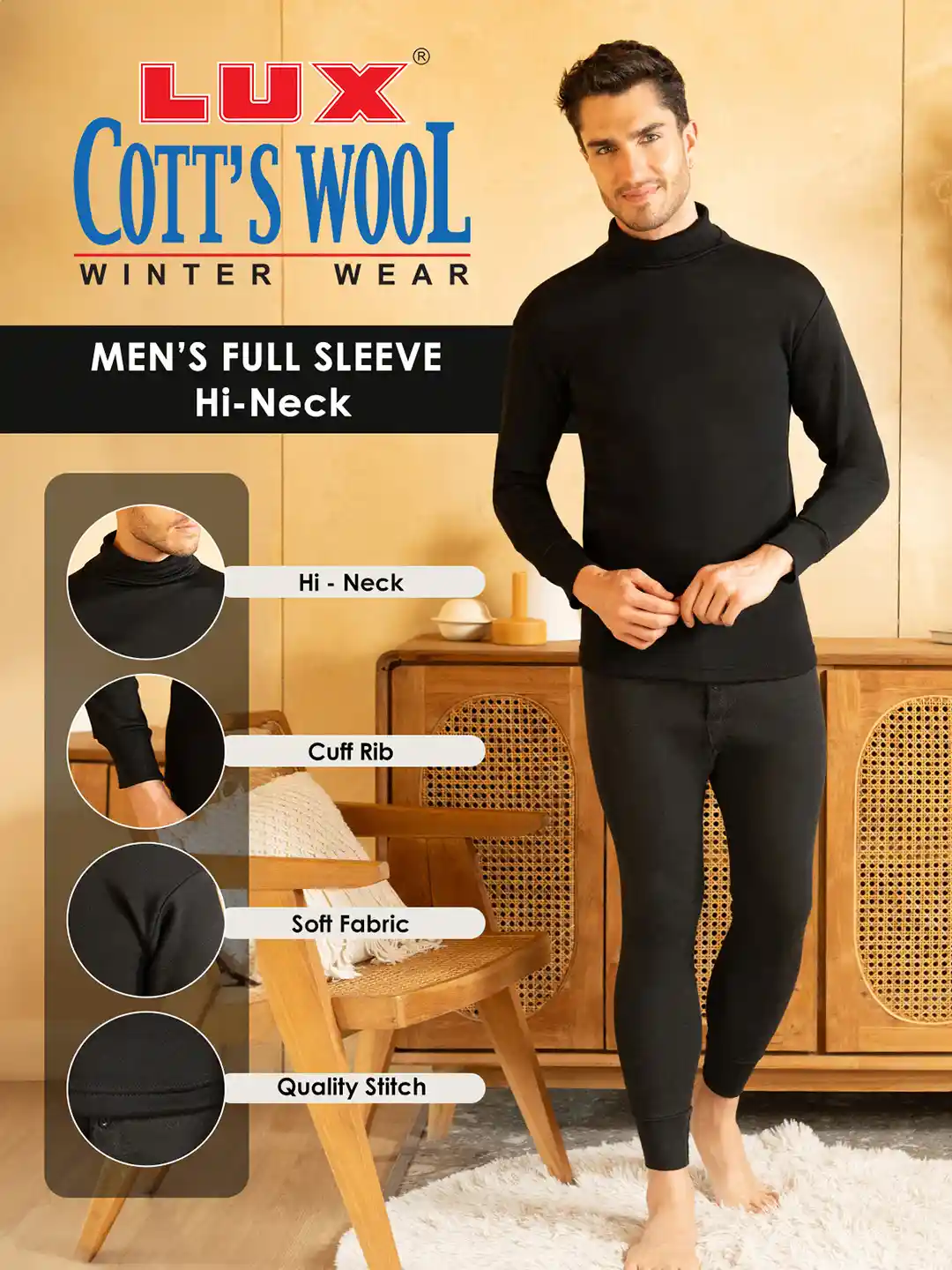 Thermal Top Lux Cottswool Inner Thermal Wear High Neck Thermal Top