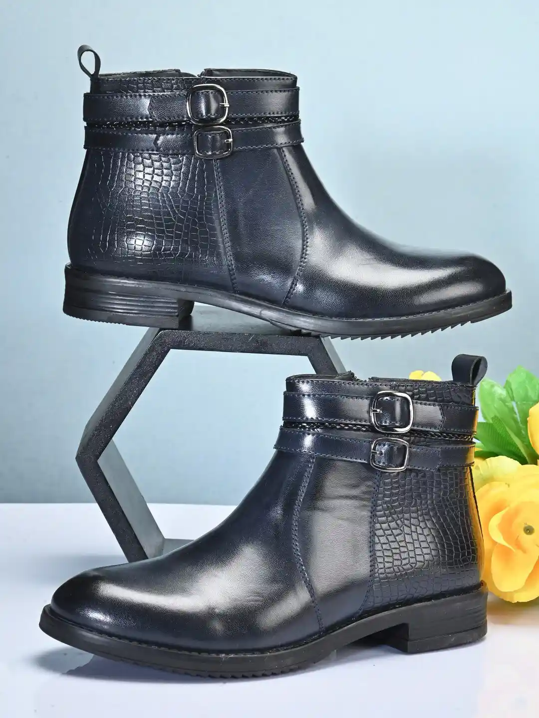 Buy DressBerry Women Navy Blue Textured Heeled Mid-Top Regular