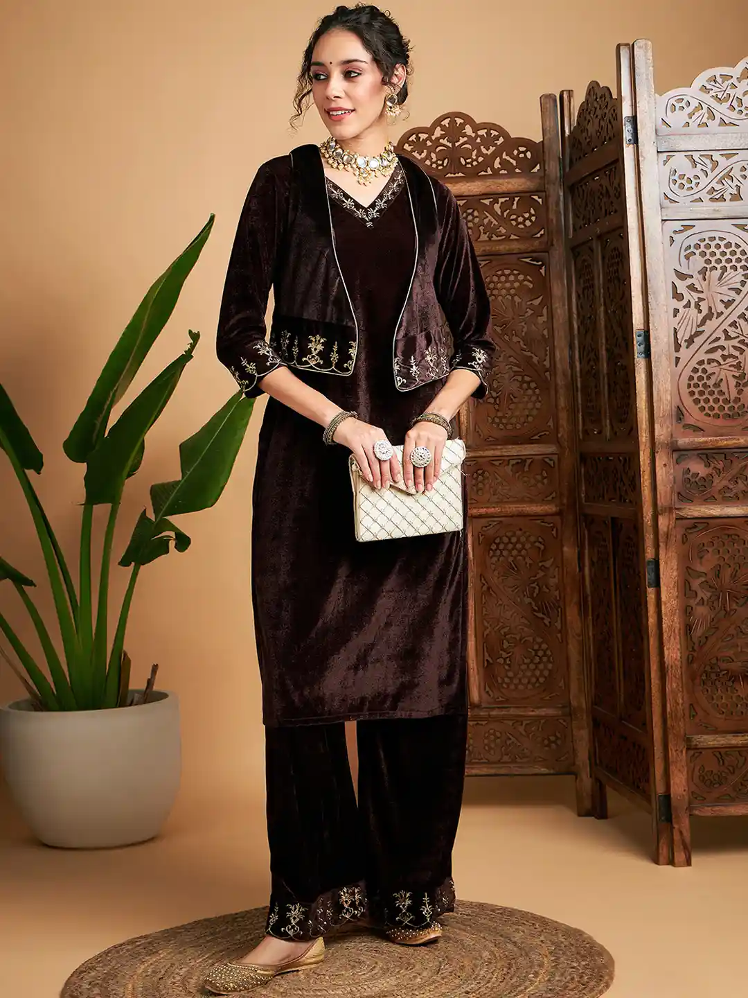 Shae by SASSAFRAS Brown Embroidered Velvet Kurta Trousers With WaistCoat
