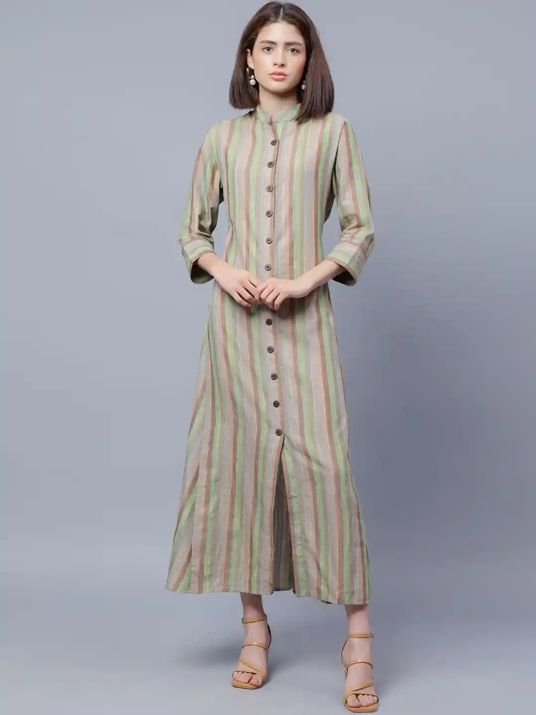 Buy ENTELLUS Striped Shirt Collar Cotton Maxi Shirt Dress