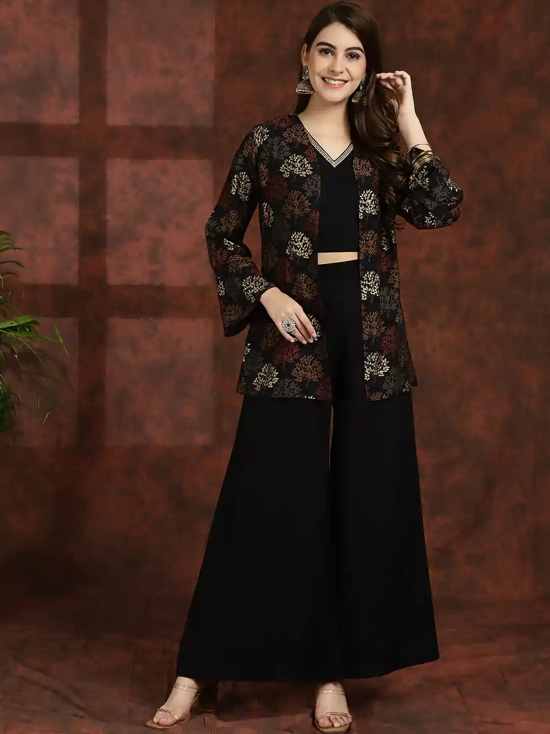 Buy Claura Black V-Neck Ethnic Top with Palazzo Jacket Co-Ords