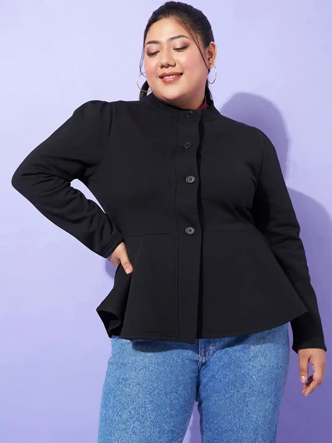 Buy SASSAFRAS Curve Plus Size Black Mandarin Collar Tailored