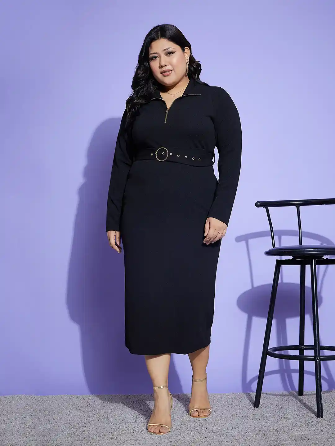 SASSAFRAS Curve Plus Size Belt Detailed High Neck Sheath Midi Dress