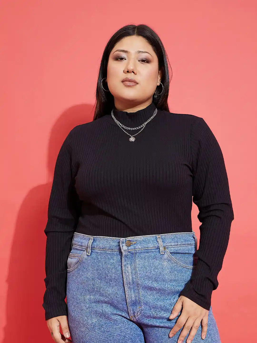 Buy SASSAFRAS Curve Plus Size Rib High Neck Fitted Top Tops for