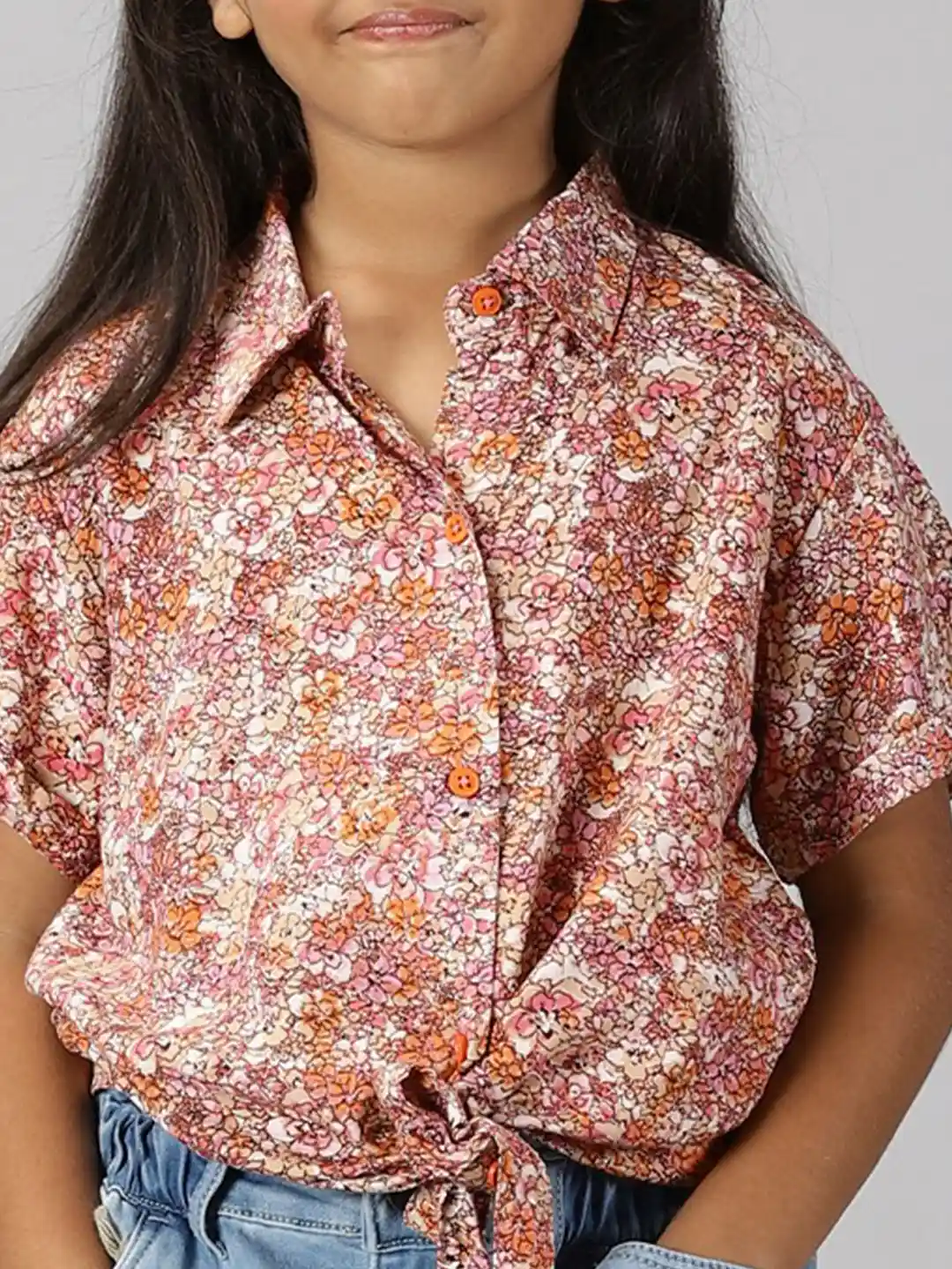 Buy KiddoPanti Girls Printed Shirt Collar Top with Jeans