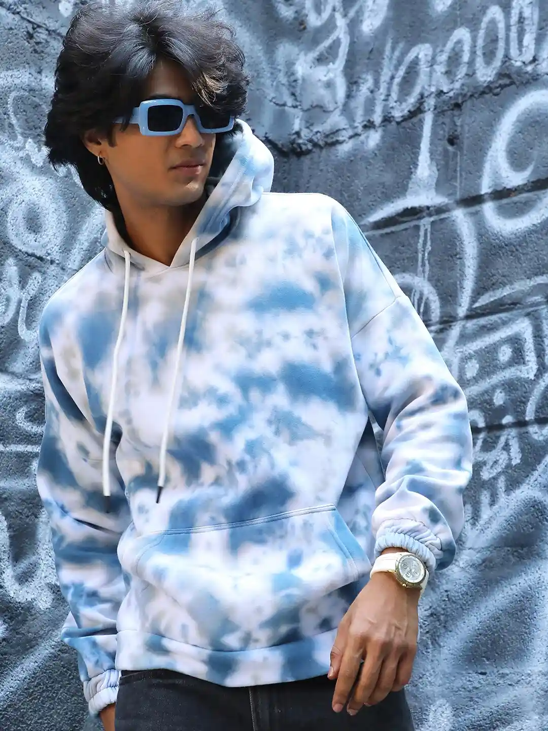 Buy Campus Sutra Blue Tie & Dye Dyed Hooded Cotton Sweatshirt