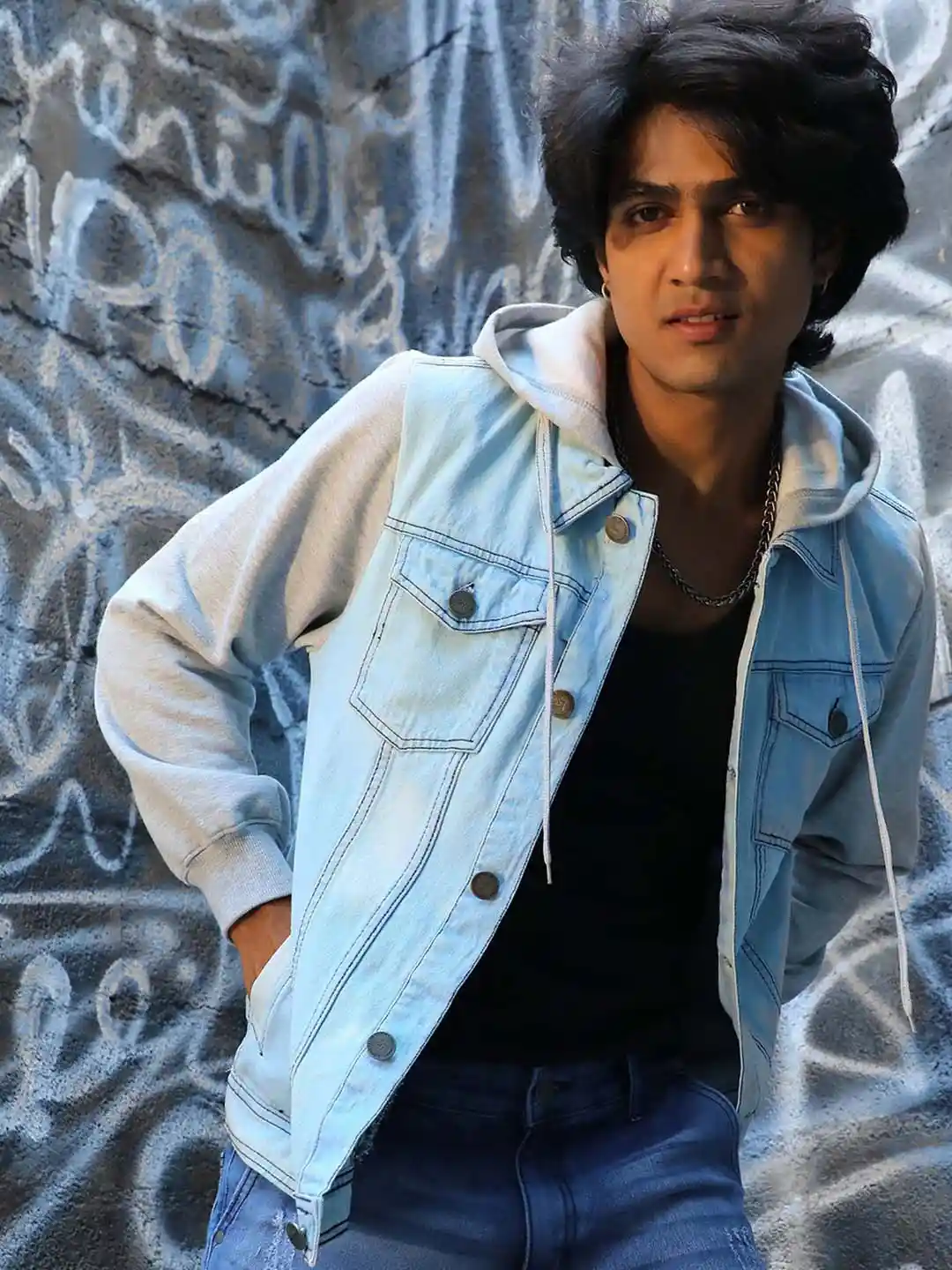 Campus Sutra Washed Windcheater Cotton Hooded Denim Jacket