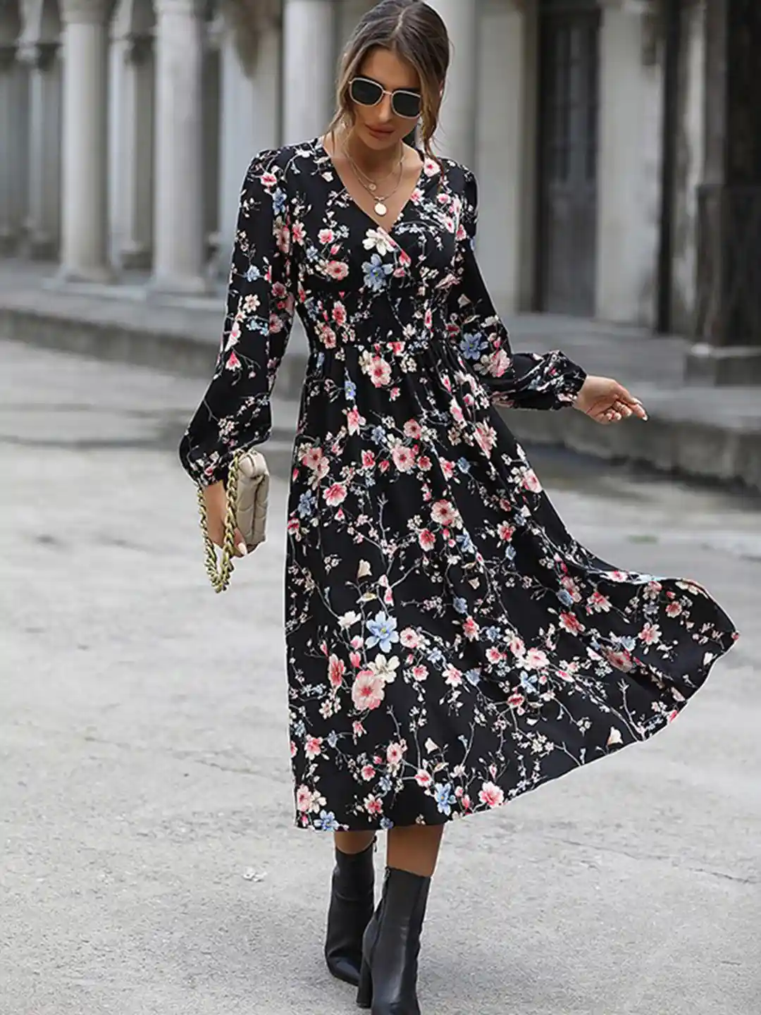 Buy StyleCast Black Floral Printed A-Line Midi Dress Dresses for