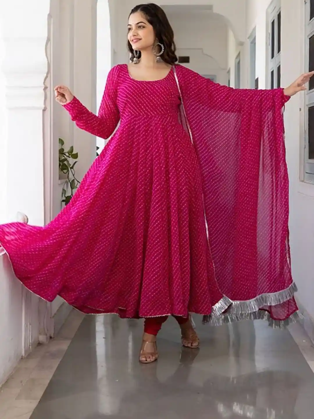 Buy KALINI Leheriya Printed Georgette Anarkali Kurta With Dupatta