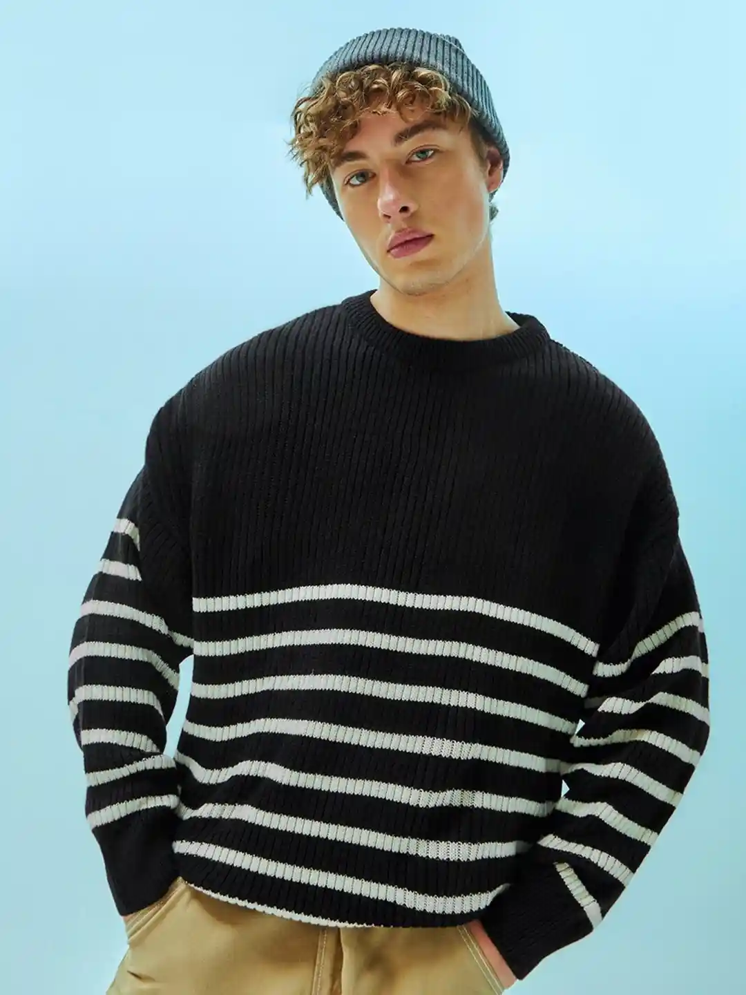 Buy Bewakoof Black White Striped Super Loose Fit Flat Knit