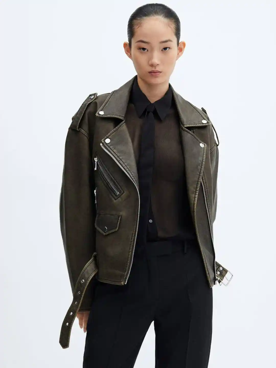 Buy MANGO Faux Leather Oversized Worn-Effect Biker Jacket - Main Image