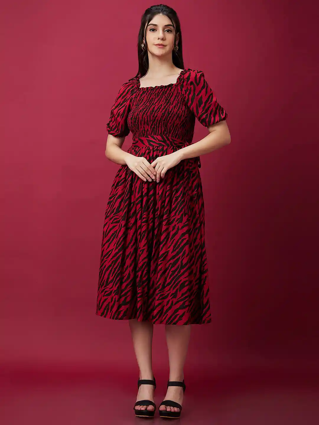 Globus Animal Print Smocked Fit Flare Belted Midi Dress