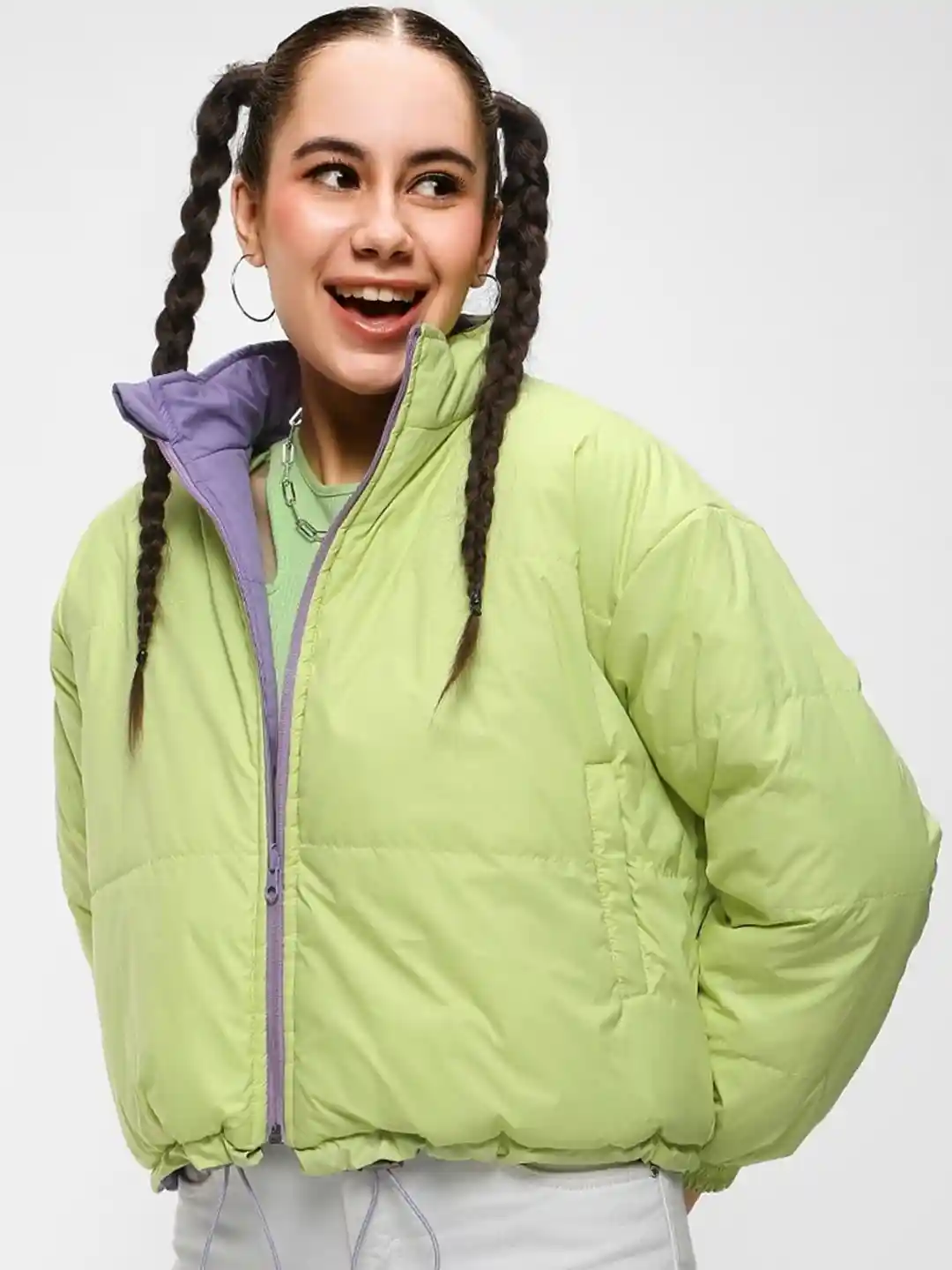 Buy Bewakoof Plus Stand Collar Windcheater Reversible Crop Puffer