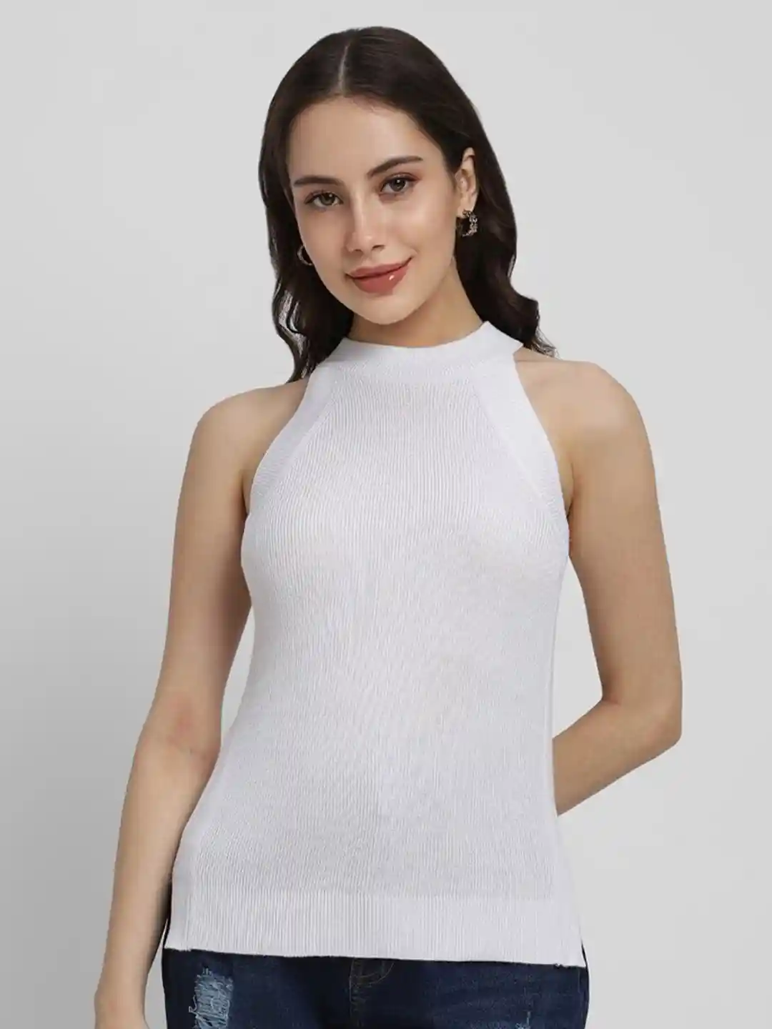 Buy FOREVER 21 White Ribbed Halter Neck Top Tops for Women