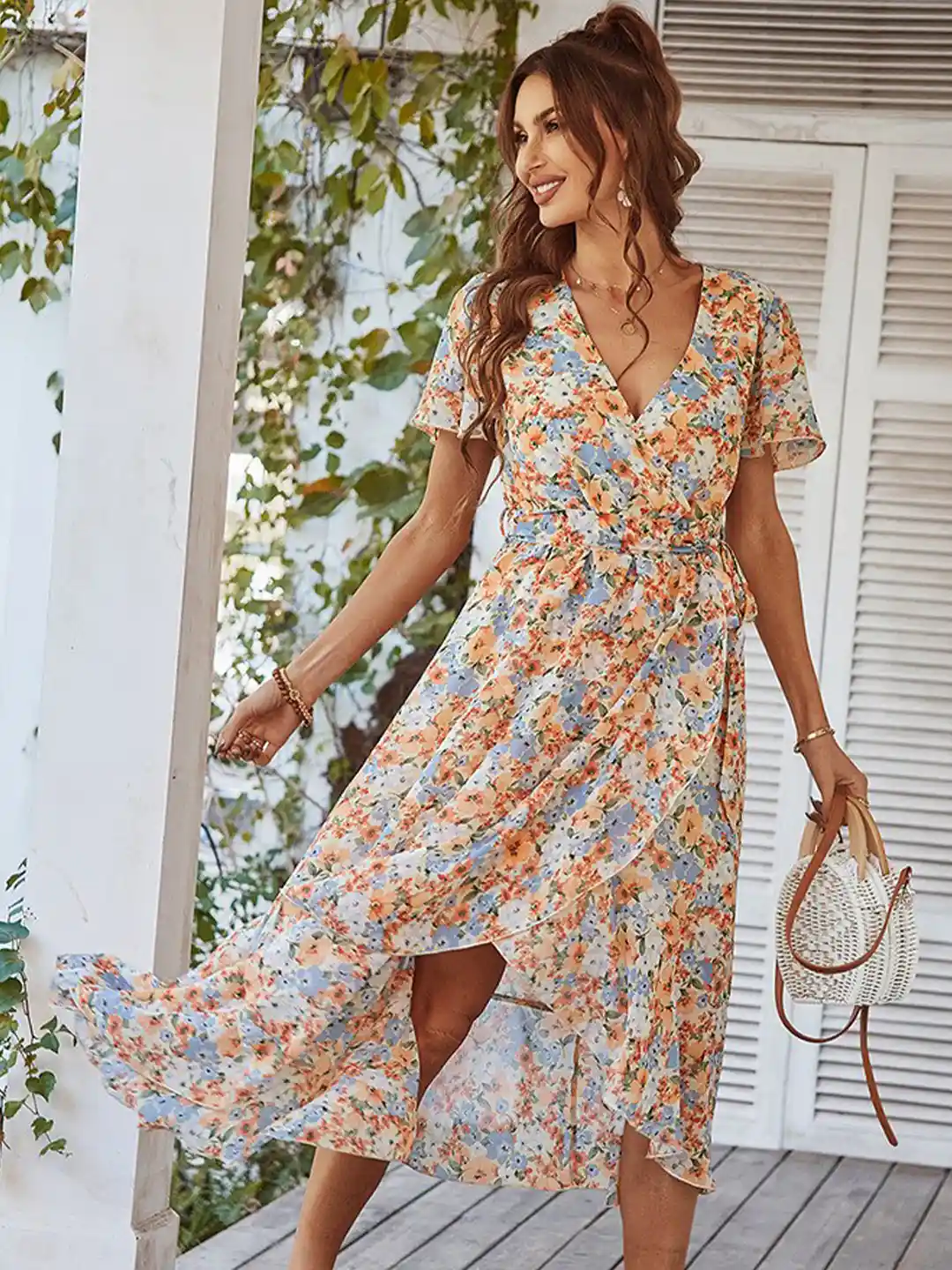 Floral White Wrap Tie Dress Women White Blue Floral Printed V-Neck