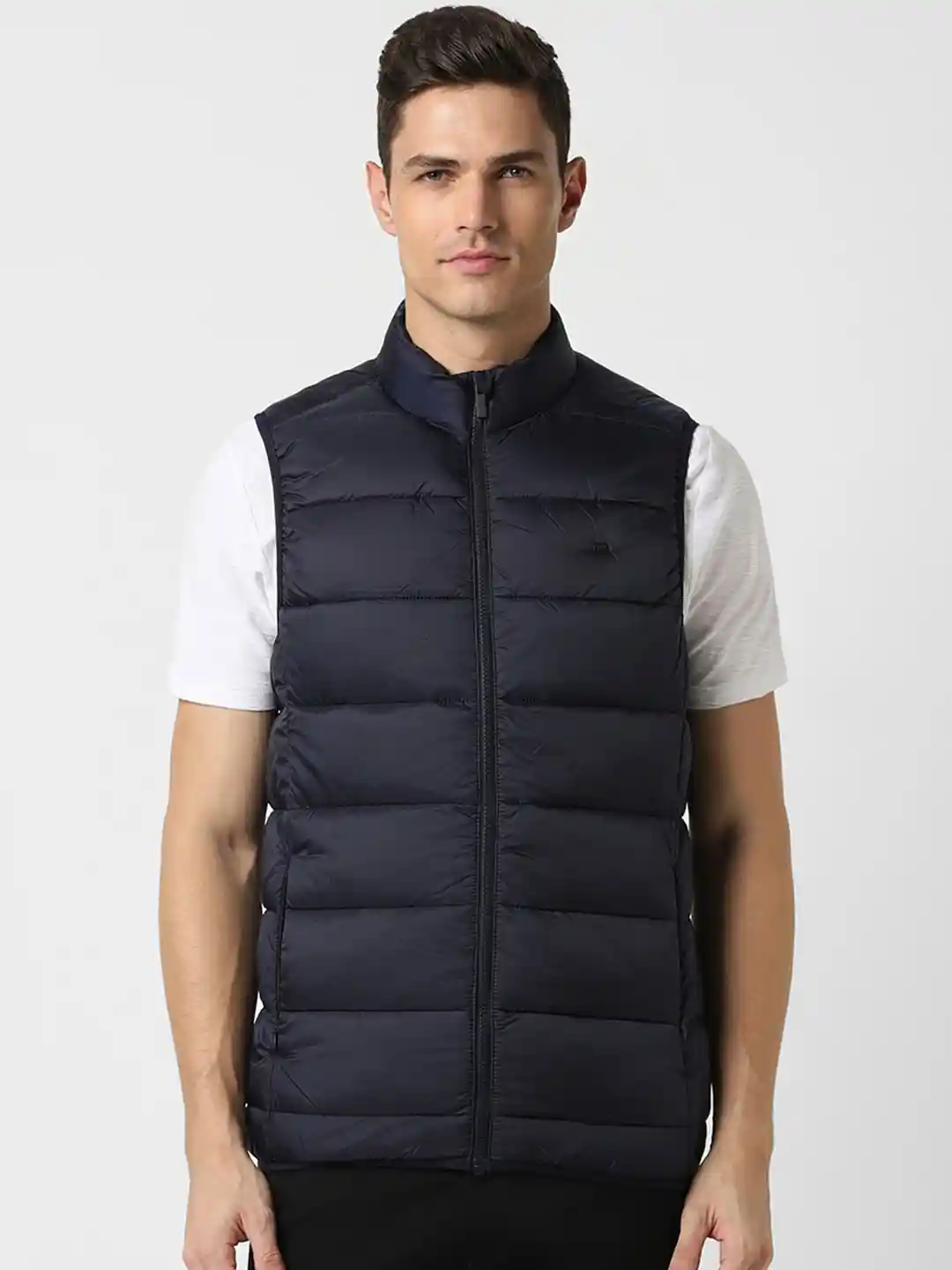 Peter England Casuals Men Navy Blue Puffer Jacket with Embroidered