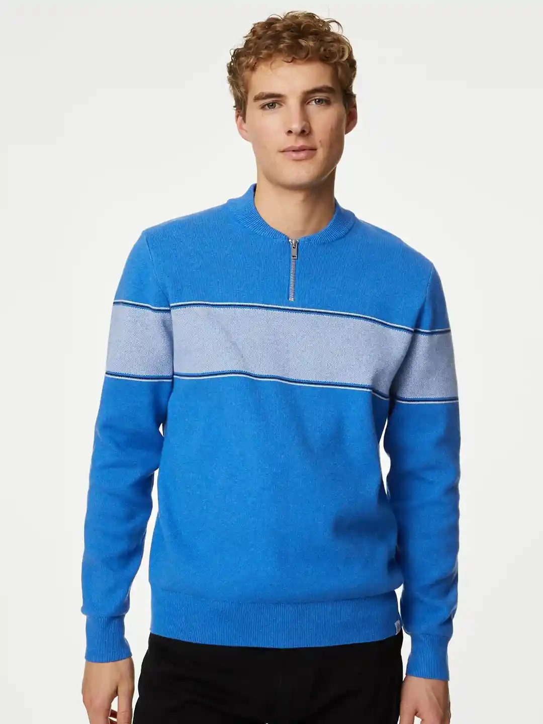 Buy Marks & Spencer Striped Henley Neck Half Zipper Pullover