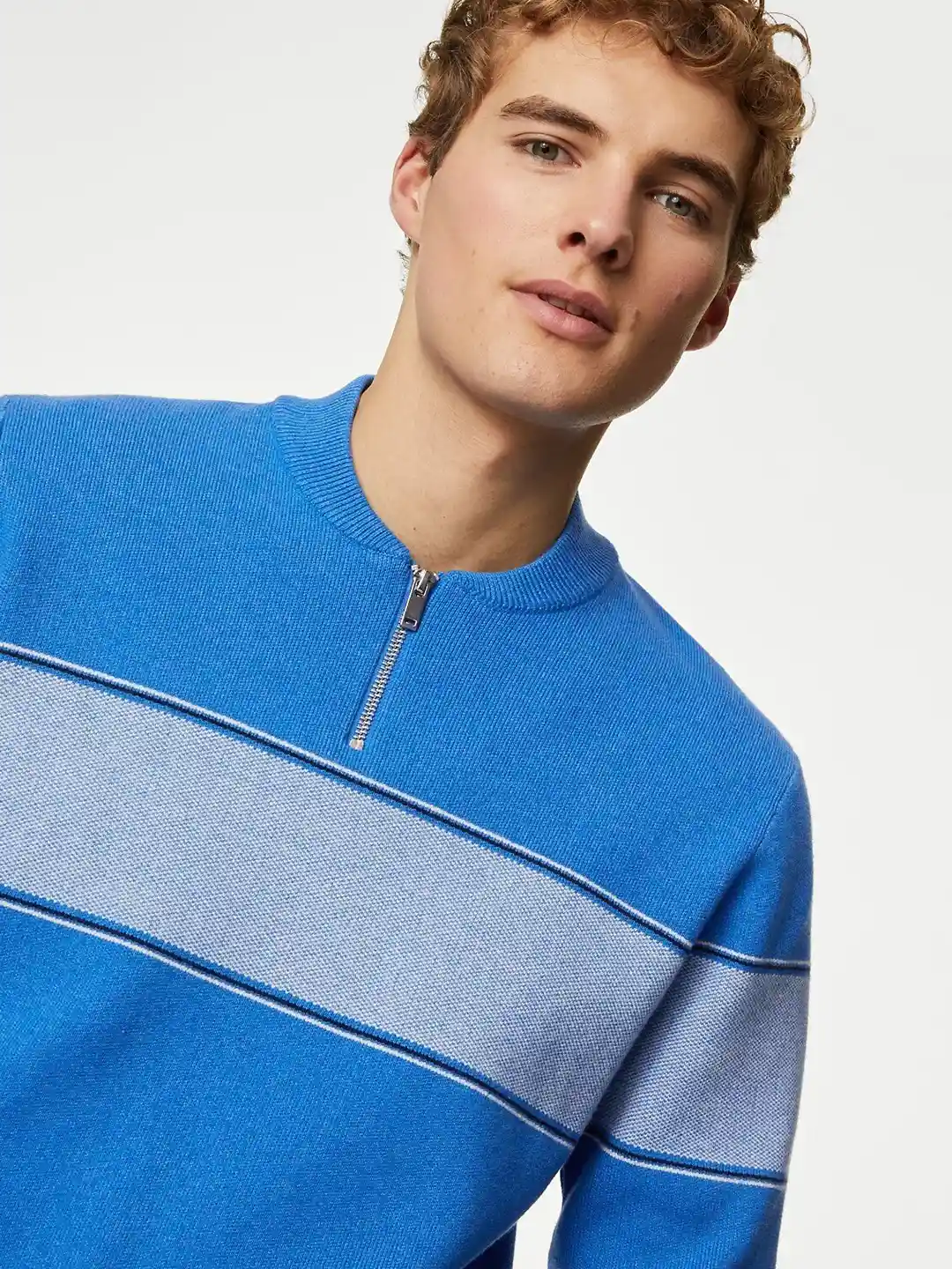 Buy Marks & Spencer Striped Henley Neck Half Zipper Pullover