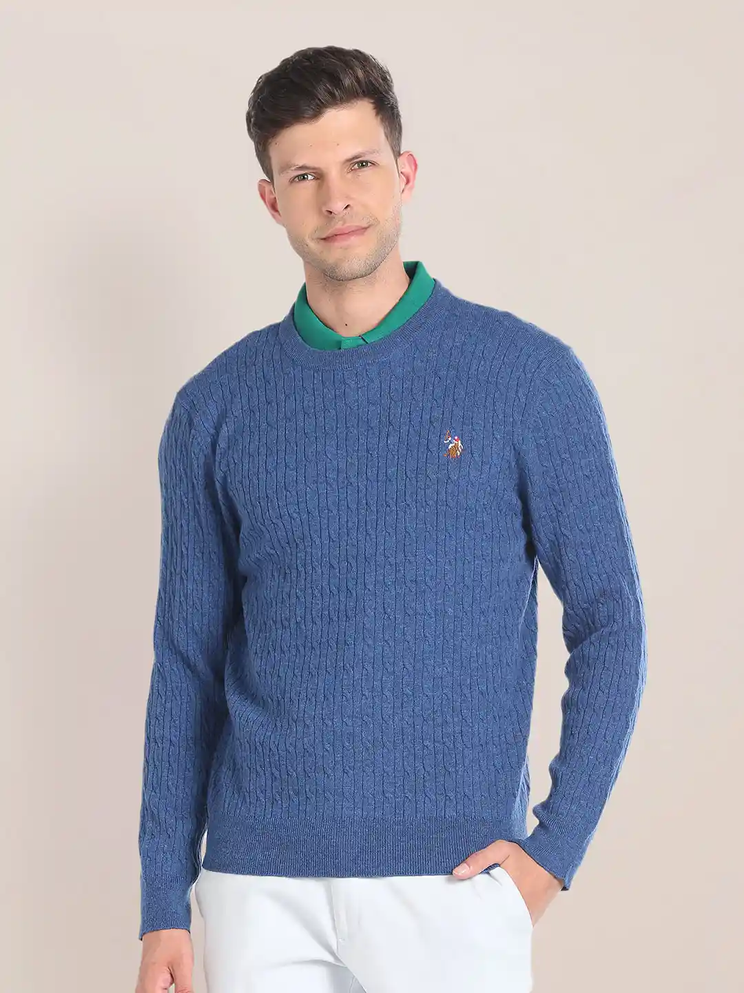Polo Cable Knit Self Design Round Neck Pullover Sweater